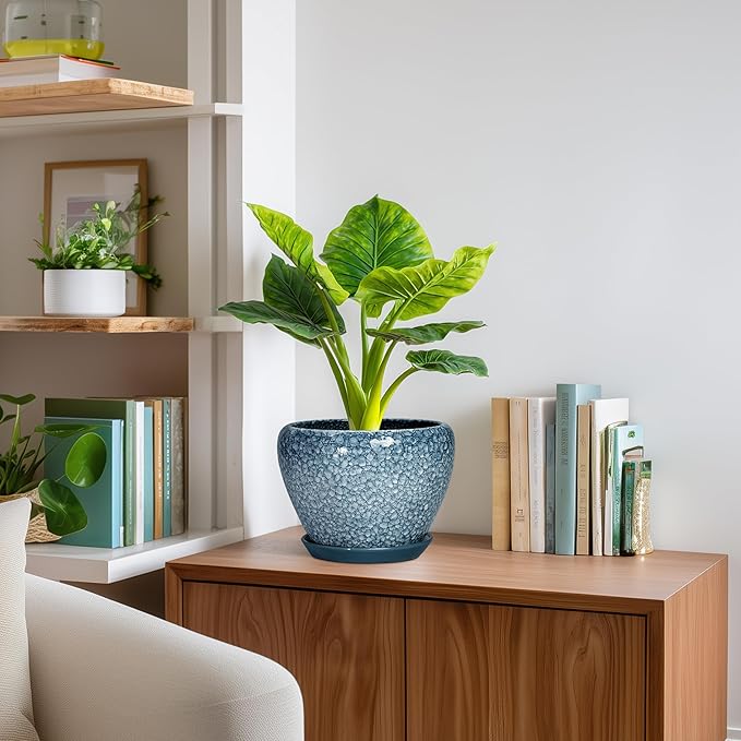 Ceramic Planter Pots - 8 Inch Planters for Indoor Outdoor Plants, Modern Flower Pot with Drainage Hole and Saucer, Round Ceramic Planter, Bookshelf Decor, Gifts for Gardeners, Stone Blue