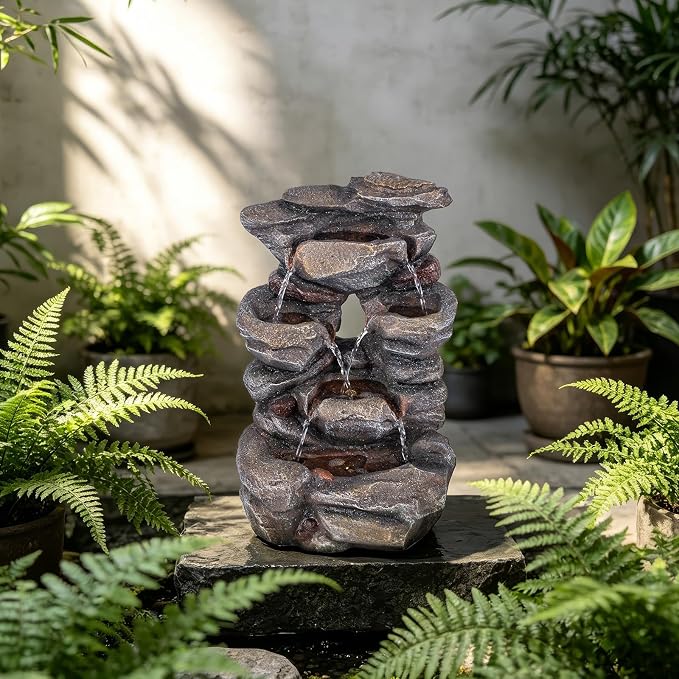 Solarbloom 18.9" H Water Fountain Outdoor/Indoor, 4-Tier Spiral Cascading Stacked Garden Fountain with LED Lights, Resin Waterfall Feature for Patio, Garden, Backyard, Deck, Home Decor