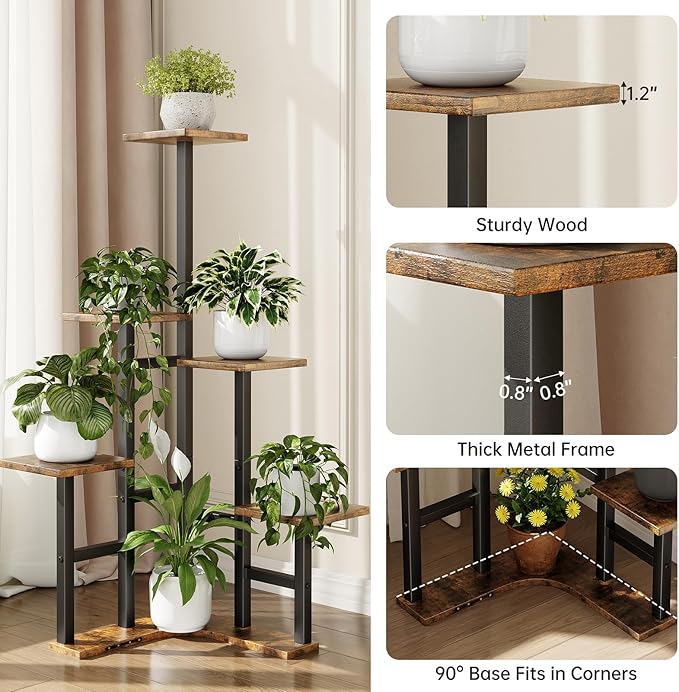 Yzosvki Corner Plant Stand Indoor Set of 2, 6 Tiered Corner Plant Shelf Flower Stand for Multiple Plants, Plant Shelves Organizer Rack, Square Rustic Brown