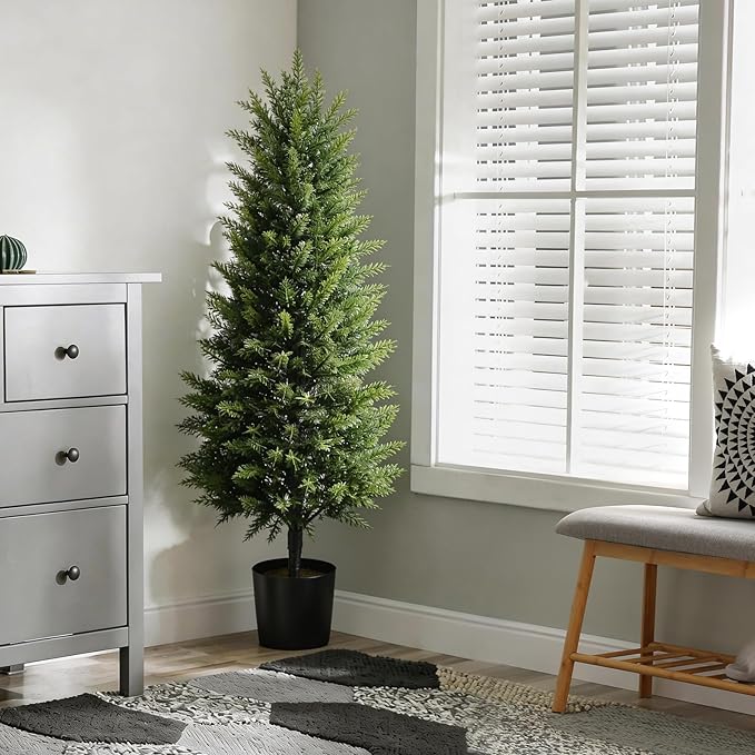 Joyooss Artificial Topiary Cedar Tree,4FT Faux Outdoor Plants Front Porch Decor 2 Set Evergreen Shrubs Fake Plant Artificial Bushes Cypress Trees with Flowerpot for Home Living Room Front Door Decor