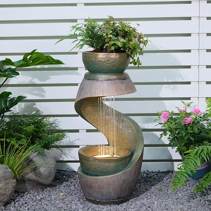31.9" Outdoor Water Fountain with Lights – S-Shaped Water Feature Outdoor Modern Resin Waterfall Feature with Bowl Planter, Decorative Garden Fountain for Patio Balcony Porch Yard, Gold