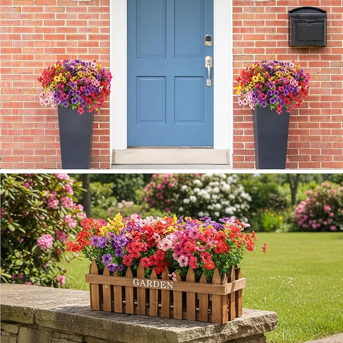 CEWOR 12 Bundles Artificial Flowers for Outdoor Indoor, Fake Silk Daisy with Eucalyptus Leaves, Faux Flower for Garden Front Door Porch Planter Patio Home Decor (6 Multicolor)
