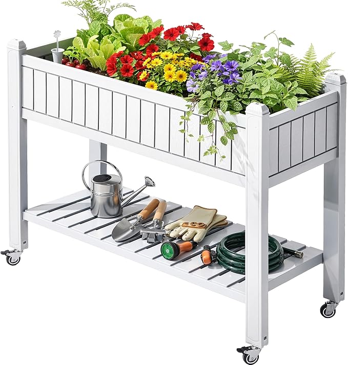YITAHOME 42.5x17.3x35.4 in Raised Garden Bed, Outdoor Plastic Planter Box with Wheels, Legs, Drain Plug, and Storage Shelf for Plants, Vegetables, Flowers, Herbs, White