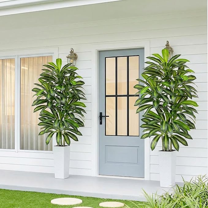 Artificial Dracaena Tree - 7FT Tall Fake Plants with White Tall Planter - Artificial Plants Indoor Floor Plant in Pot - Large Tropical Fake Yucca Potted Tree for Home Office Living Room Decor