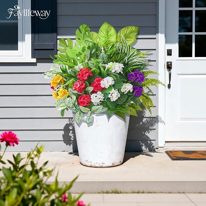 30 Bundles Artificial Plants Outdoor, UV Resistant Faux Greenery Stems with Flowers Shrubs for Planters Front Porch Outside Garden Window Box Patio Yard Decor
