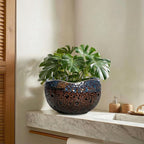 Ceramic Planter 10 Inch - Ceramic Plant Pots for Indoor Outdoor, Decorative Flower Pot with Drainage Hole and Plug, Round Unique Pots for Plants, Room Balcony Decor, Garden Gifts, Brown-blue