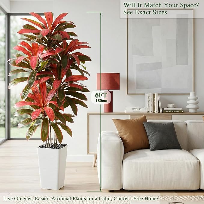 Artificial Dracaena Tree：6FT Faux Silk Tropical Yucca Floor Trees Realistic Fake Green Plant with Natural Wood Trunk & Lifelike Leaves for Home Office Decor Indoor & Outdoor (6FT,1-Pack,White)