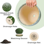 Ceramic Planters 3 Pack - 10 Inch 8 Inch 6 Inch Plant Pots for Indoor Outdoor, Round Decorative Flower Pots with Drainage Holes and Saucers, Garden Home Decor, Gift for Women Men, Green
