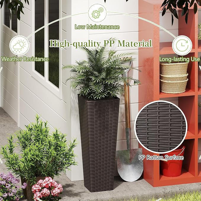 Giantex Set of 2 Planters for Outdoor Plants, Tall Tapered Plants w/Inner Trays, Drainage Holes, Decorative PP Flowerpots 32" & 24" Tall for Porch, Patio, Garden, Backyard, Indoors & Outdoors (Coffee)