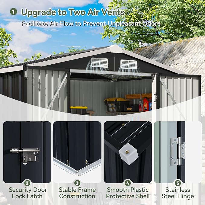 Aoxun 6.2x4 FT Shed Outdoor Galvanized Storage Shed with Large Lockable Doors for Lawn, Backyard, Patio (Black)