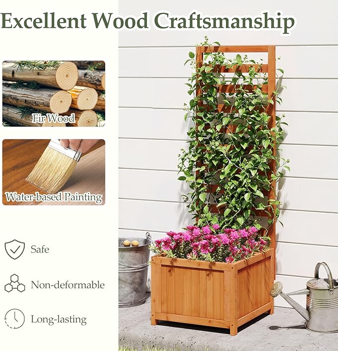 HAPPYGRILL Raised Garden Bed with Trellis, 48" Wood Elevated Planter Box w/Drainage Holes & Gaps for Climbing Plants Vines Flowers, Indoor Outdoor Privacy Fence Planter Raised Bed for Patio Yard (2)