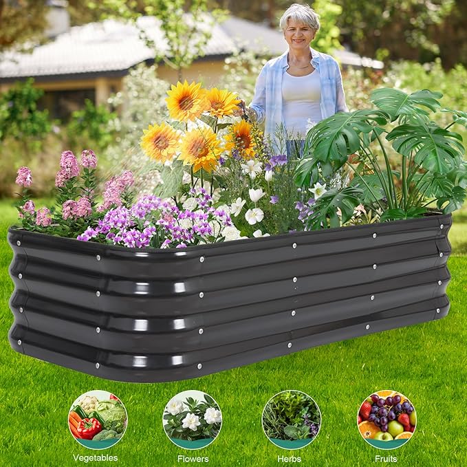 3 in 1 Galvanized Raised Garden Bed - 4x2x1ft (2Packs) Modular Planter Box Outdoor | Metal Raised Bed Kit with Bracing Rods for Gardening Vegetables Flowers Fruits Herbs (Gray)