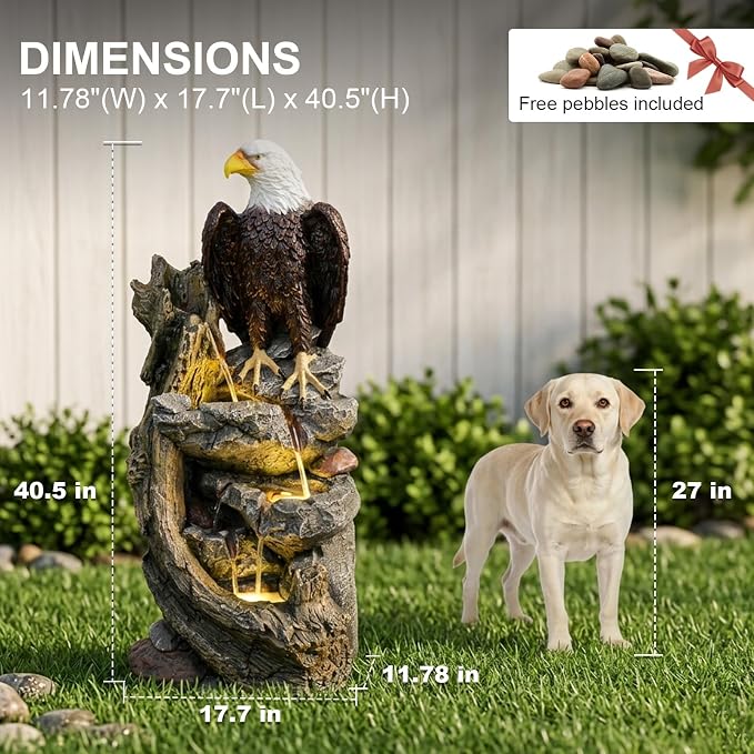 Bald Eagle Outdoor Fountain, 40.5" H Large Cascading Waterfall Garden Fountain with 3000K Warm LED Lights, Realistic Tree Trunk & Rock Water Feature for Garden, Patio, Porch, Yard and Home Art Decor