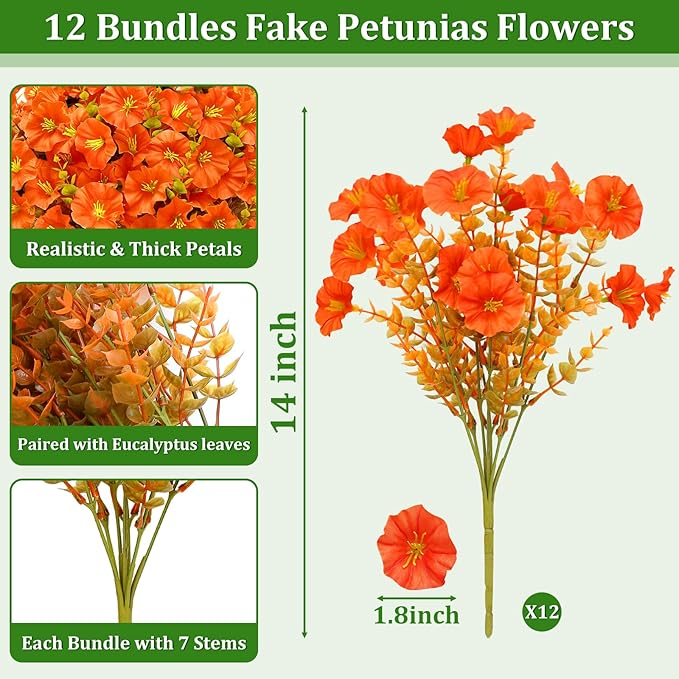 12 Bundles Artificial Fall Flowers for Outdoors, UV Resistant No Fade Fake Mums Flowers Silk Morning Glory with Orange Brown Eucalyptus Faux Flowers Plants for Home Garden Patio Porch Yard Porch Decor