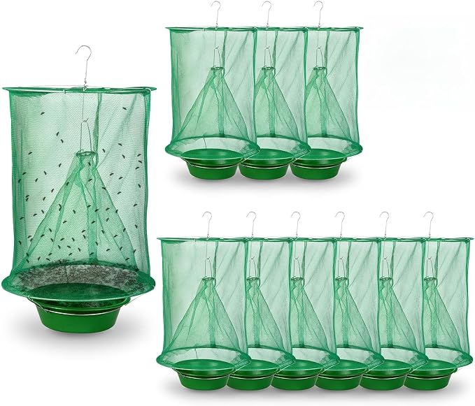10 Pack Fly Traps Outdoor Hanging, Ranch Fly Traps with Food Bait Tray, Fly Catcher Cage for Indoor or Outdoor Family Farms, Park
