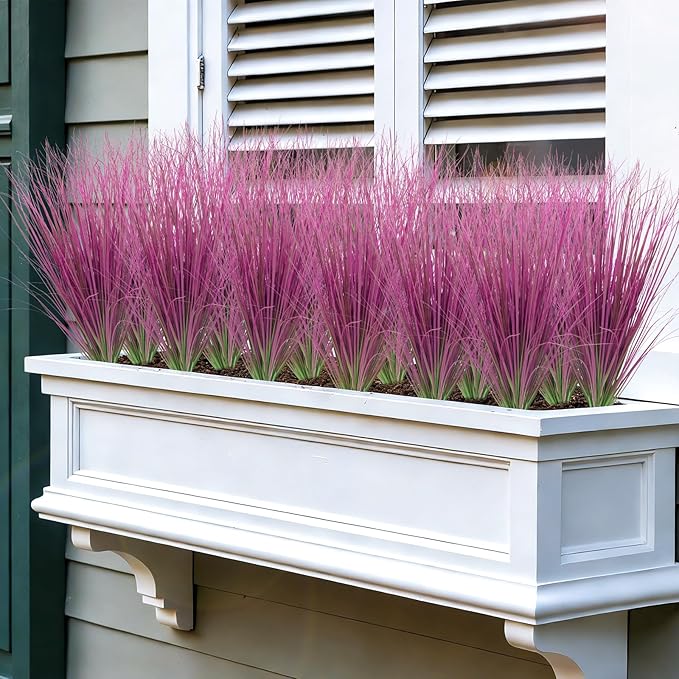 48 Bundles Artificial Grass Plants Outdoor Tall Faux Shrubs Greenery Stems Fake Onion Grasses Wheat UV Resistant for Outside Garden Indoor Office Home Decor（Pink）