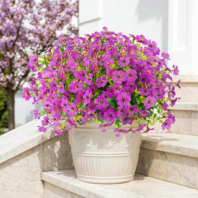 ATTGREAT Artificial Flowers Outdoor Faux Plants UV Resistant Fake Patio Flowers Plastic Greenery Plnats Outside Bulk for Spring Garden Hanging Planter Home Vase Decor, 12 Bundles (Purple)