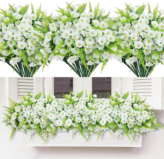 Artificial Flowers for Outdoors 12 Bundles White Artificial Petunias Fake Flowers UV Resistant Shrubs Plants with Fern for Indoor Outside Hanging Planters Home Garden Spring Decorations