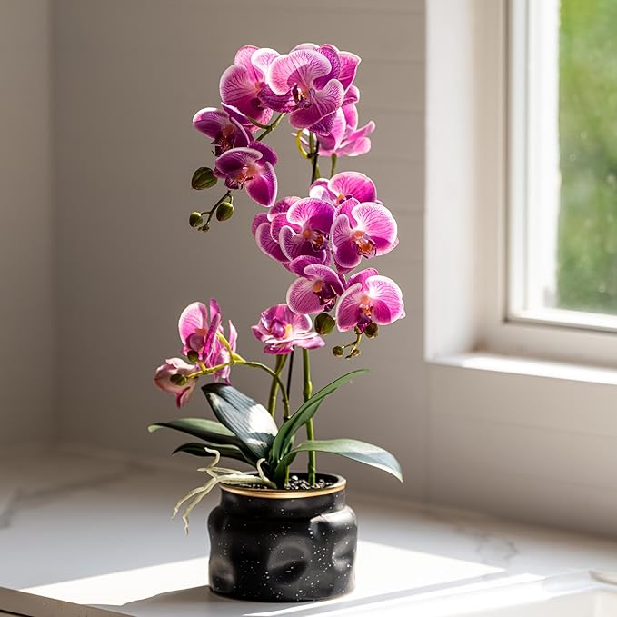 Avoeco Artificial Real Touch Orchid Plant – 20″ Faux Phalaenopsis in Pot – Highly Realistic Silk Orchid Flower & Leaf Texture for Home, Office,Shop & Wedding Décor (Fuchsia, 20”)