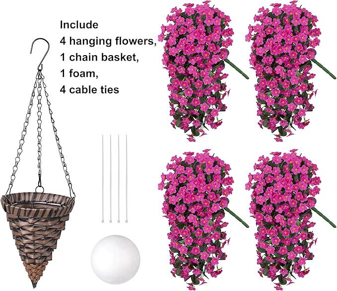 Artificial Silk Hanging Flowers Plants Baskets for Outdoor Decoration, Spring Outside Decoration, Fake UV Resistant Look Real Fuchsia Orchid Trailing Vines for Porch Patio Home