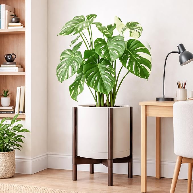 D'vine Dev Planter Pot with Stand - 14 Inch Plastic Cylinder Flower Pot with Wood Planter Holder for Indoor, Oatmeal Pot + Walnut Color Stand, 55-C-R-3