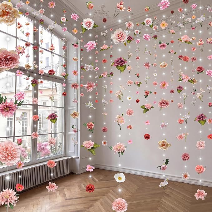 Suncalla 6 Pcs 35.4ft Hanging Flowers Garlands Backdrop Lighted Floating Fake Wildflower Vines LED Floral Garland Ceiling for Spring Wedding Bridal Shower Birthday Graduation Party(Fresh,Pink)
