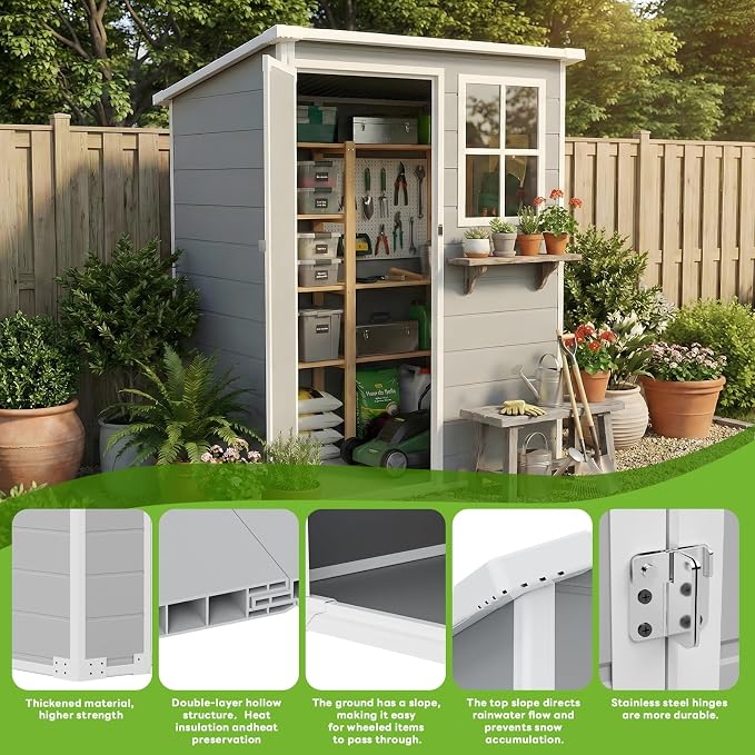 5x3 FT Outdoor Storage Shed with Floor & Window, All-Weather Resin Garden Tool Shed, Waterproof Plastic Garden Shed with Lockable Door, Vents & Roof Rainwater Drainage for Backyard, Garden, Poolside