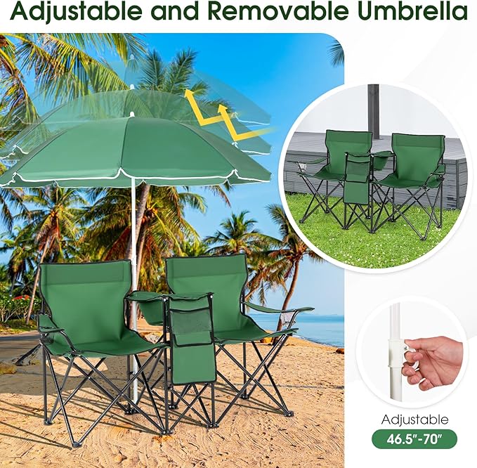 Goplus Double Camping Chair with Umbrella, Folding Loveseat Chairs w/Canopy Shade, Carrying Bag, Table, Cup Holder, Portable Beach Chairs Outdoor Picnic Patio (Green)