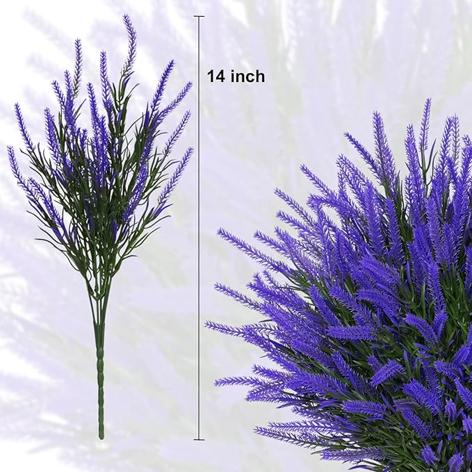 12 Bundles Fake Outdoor Flowers UV Resistant Plants Artificial Lavender Faux Plastic Shrubs Window Box Garden Porch Home Decor(Purple)