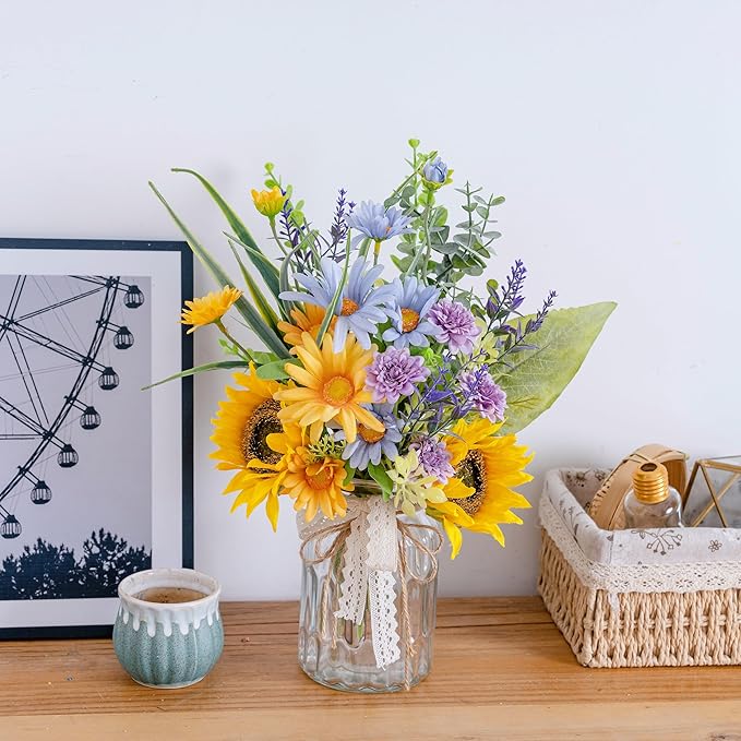 LUEUR Artificial Silk Sunflower with Vase Fake Flowers in Vase Centerpiece Coffee Table Decor, Fake Plant Blue Daisy Flower Arrangement for Spring & Summer Decorations Indoor Home Office Living Room