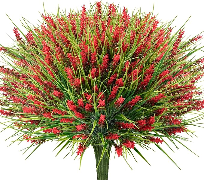 20 Bundles Artificial Plants Outdoor, UV Resistant Fake Flowers， Realistic Faux Lavender Shrubs for Porch Garden Window Box Home Decoration (Red)