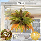 35” Artificial Boston Fern Bush Plant, 2 Faux Ferns for Outdoors Large, Fake Ferns Realistic Artificial Plants with 39 Fronds for Garden Porch Patio Home Office Living Room Decor Yellow