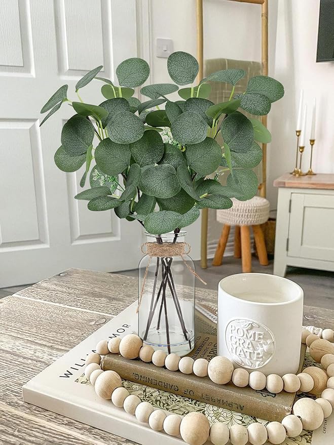 Bessol Artificial Eucalyptus Stems in Glass Vase 14" 6Pcs Faux Eucalyptus Branches Home Table Decor Fake Greenery Plants Stems for Farmhouse Wedding Centerpiece Bathroom Decorations