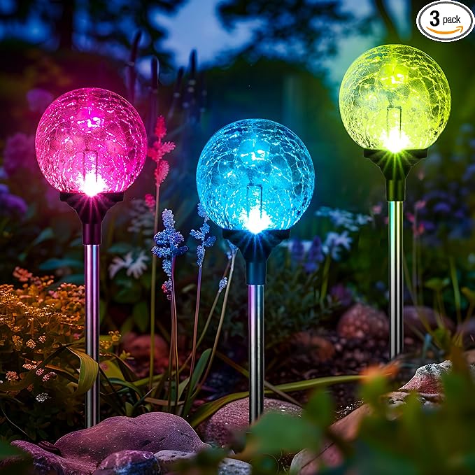 GIGALUMI Solar Garden Lights 3 Pack, Solar Lights Outdoor Decorative Waterproof, Outdoor Solar Lights for Yard Decorations, Multi-Colored Changing Garden Globe Cracked Glass Ball with LED Lights