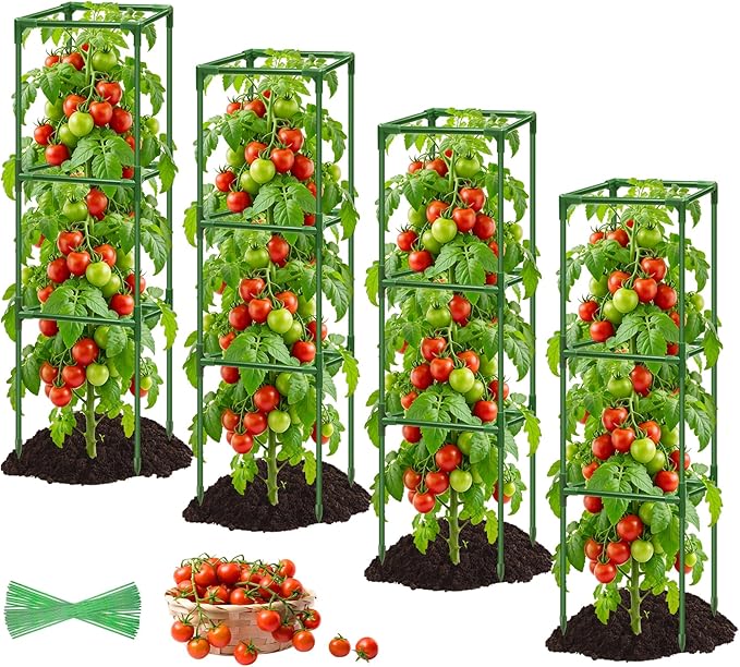 4 Pack Square Tomato Cages for Garden, 45 Inch Adjustable Tomato Stakes, Metal Tomato Trellis, Garden Plant Support for Potted Climbing Plants, Vegetables Flowers Fruits, Raised Garden Bed