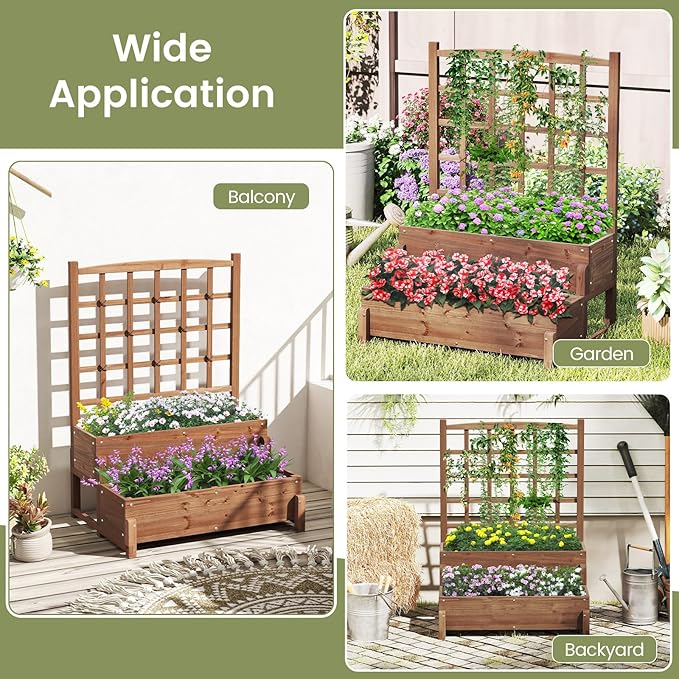 2-Tier Raised Garden Bed with Trellis, Wooden Elevated Planter Box with Legs, Hemp Rope & Drainage Holes, Raised Plant Bed for Backyard, Garden, Lawn