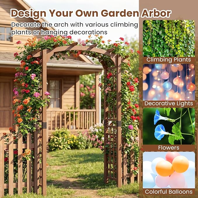 Giantex 7.5FT Wood Garden Arbor Trellis, Wooden Wedding Arch for Ceremony Party, Outdoor Archway Pergola for Climbing Plants, Pathway, Yard, Garden Decor, Easy Assembly (Dark Brown, 63''W x 90''H)