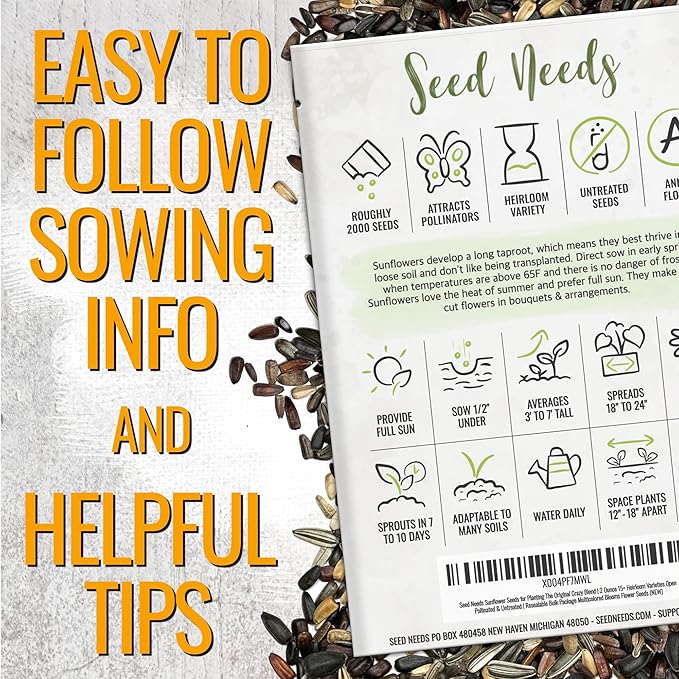 Seed Needs Sunflower Seeds for Planting The Original Crazy Blend | 2 Ounce 15+ Heirloom Varieties Open Pollinated & Untreated | Resealable Bulk Package Multicolored Blooms Flower Seeds