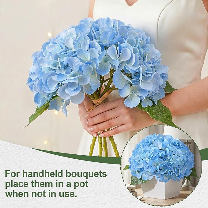 Artificial Hydrangea Flowers Arrangement in Wood Planter, 4PCS Fake Blue Flowers in Wooden Vase Potted Floral Centerpieces for Tables Living Room Home Office Room Shelf Kitchen Decor