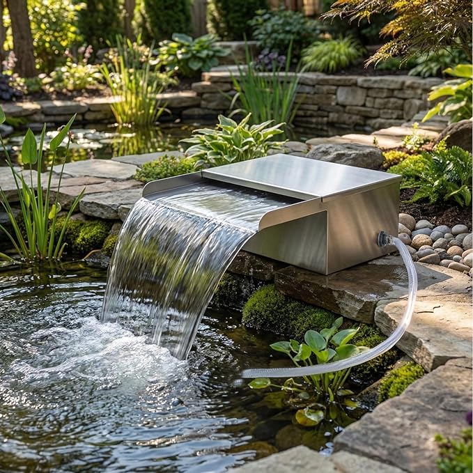 Pond Waterfall Spillway Kit with Filter Media & 800 GPH Pump, 304 Stainless Steel Waterfall Box, 9.8FT Hose, Complete Pond Kit for Outdoor Ponds, Koi Ponds, Fountain (11.8"L x 12"W x 5.1"H)