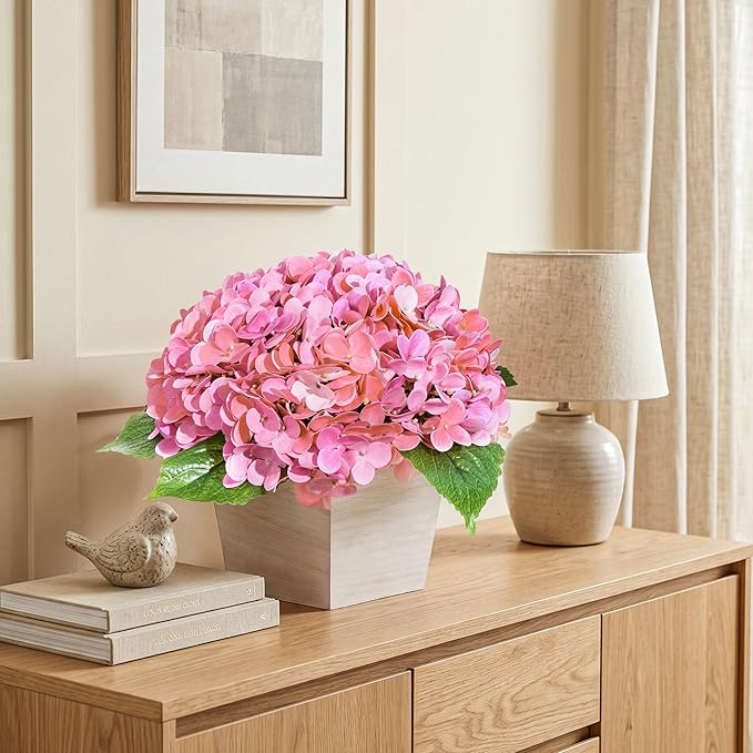 Artificial Hydrangea Flowers Arrangement in Wood Planter, 4PCS Fake Pink Flowers in Wooden Vase Potted Floral Centerpieces for Tables Living Room Home Office Room Shelf Kitchen Decor