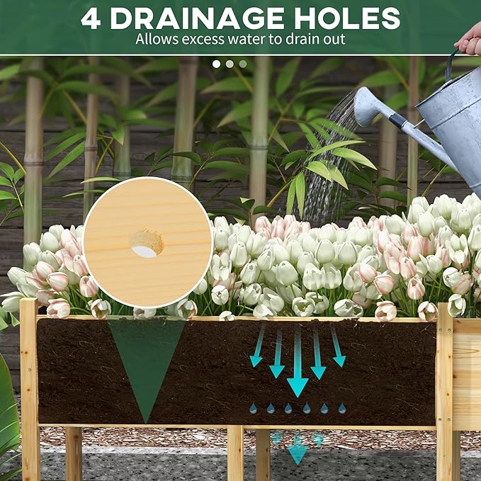 Outsunny Wooden Raised Garden Bed with Legs, Large Elevated Planter Box with Bed Liner and Drain Holes for Vegetables Flowers Herbs, Outdoor and Indoor, 7.4' x 1.8' x 2.6', Natural Wood