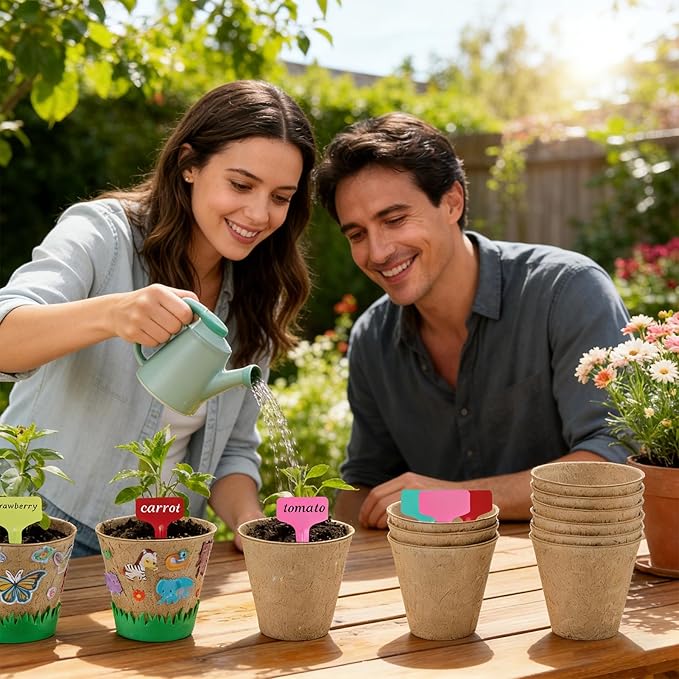 NNG 20 Set Garden Paper Pot Craft Kit,20Pcs Round Paper Mache Pots Peat Plant Pots with 200pcs Adhesive Foam Stickers & 20Pcs Pots Labels,Flower Plant Spring Craft for DIY Flower Planting