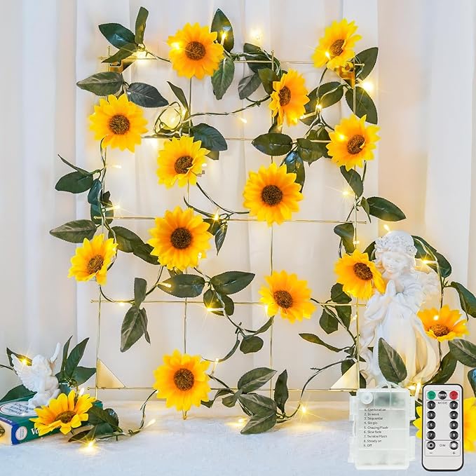 suddus Artificial Sunflower Garland with 60 LED Fairy Lights, Vines with String Lights Battery Operated, Flower Hanging Lights for Indoor, Outdoor, Bedroom, Wedding, Wall, Party (Warm White)