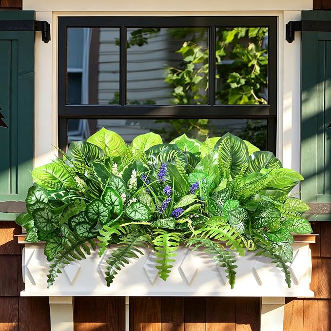 Livole 12 Pcs Artificial Plants Outdoor Faux Plants Fake Greenery Stems with Boston Fern Lavender Morning Glory UV Resistant Artificial Flowers for Outdoors Porch Patio Garden Spring Summer Home Decor