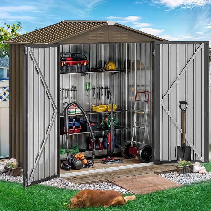 DWVO 6x4ft Outdoor Storage Shed, Lockable Metal Tool Storage Sheds, Waterproof Garden Sheds with Vents for Backyard, Patio, Garage, Lawn, Brown