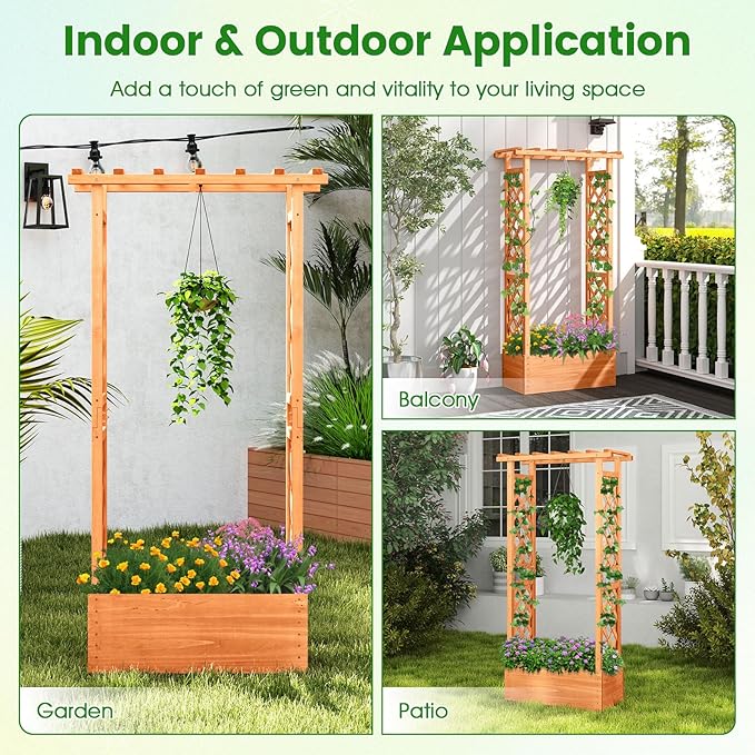 HAPPYGRILL Raised Garden Bed with Trellis, Wood Elevated Garden Bed with Hanging Roof, Planter Box, Drainage Holes for Climbing Plants, Flowers, Vegetables, 31" L x 14" W x 60" H