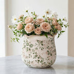 Vintage Ceramic Planter Pot with Drainage Holes, Green Floral Design, 6.11 Inch, Distressed Tuscan Style, Indoor Plant Pot and Vase (Sage Beige)