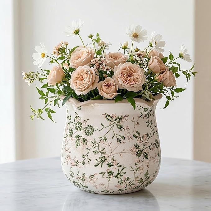 Vintage Ceramic Planter Pot with Drainage Holes, Green Floral Design, 6.11 Inch, Distressed Tuscan Style, Indoor Plant Pot and Vase (Sage Beige)