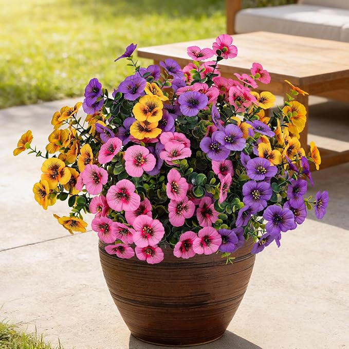 17 Inch Artificial Faux Pansy Flowers for Outdoor,Fake Pansies Flowers with Eucalyptus Leaves Fake Plants Greenery Boxwood Porch Patio Decor 6 Bundles(Light Purple,Pink,Dark Yellow)